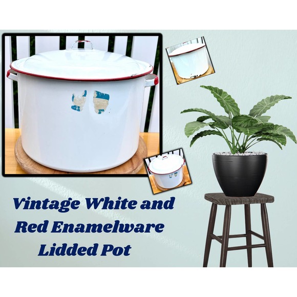 Rustic Vintage White and Red Enamelware Lidded Stock Pot, Large Container - Picture 1 of 10